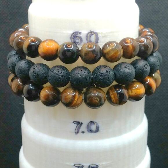 Gemstone Bracelet Tigers Eye Set of 3 Black Lava 8mm Beaded Handmade Stretch NEW - Picture 8 of 13